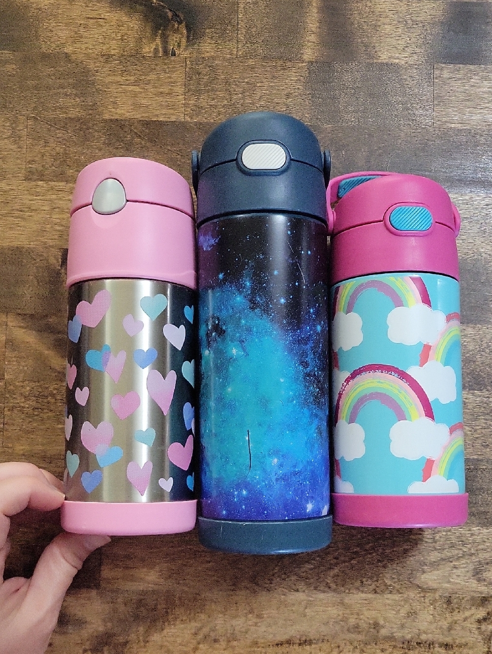 Set of 3 Thermos Stainless Steel Kids Water Bottles - Heart, Galaxy, Rainbow